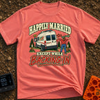 Happily Hitched Campers - T-Shirt in Watermelon - A cartoon illustration of a campervan backing into a wooded campsite...