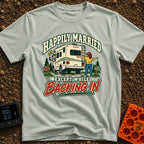 Happily Ever Hitched - T-Shirt in Bay - A cartoon illustration of a man looking confused out the driver's side window of...