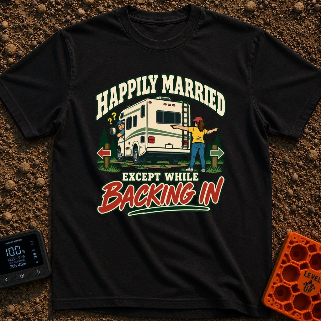 Happily Ever Hitched - T-Shirt in Black - A cartoon illustration of a man looking confused out the driver's side window...