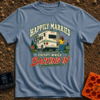 Happily Ever Hitched - T-Shirt in Blue Jean - A cartoon illustration of a man looking confused out the driver's side...