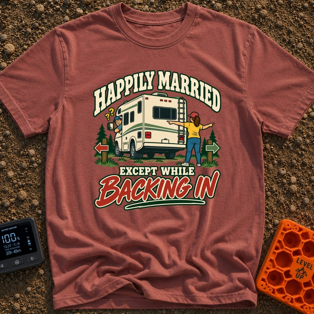 Happily Ever Hitched - T-Shirt in Brick - A cartoon illustration of a man looking confused out the driver's side window...