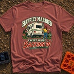 Happily Ever Hitched - T-Shirt in Brick - A cartoon illustration of a man looking confused out the driver's side window...