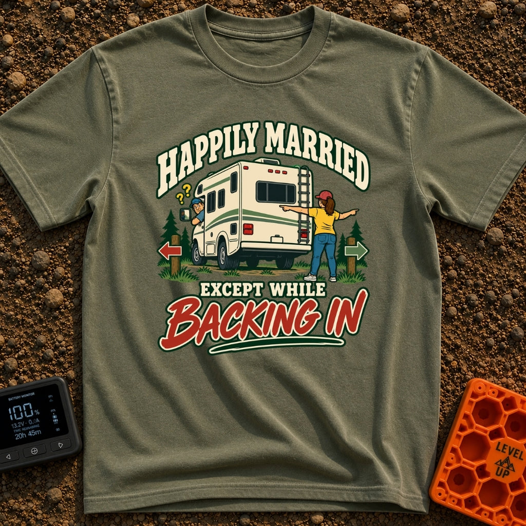 Happily Ever Hitched - T-Shirt in Moss - A cartoon illustration of a man looking confused out the driver's side window of...