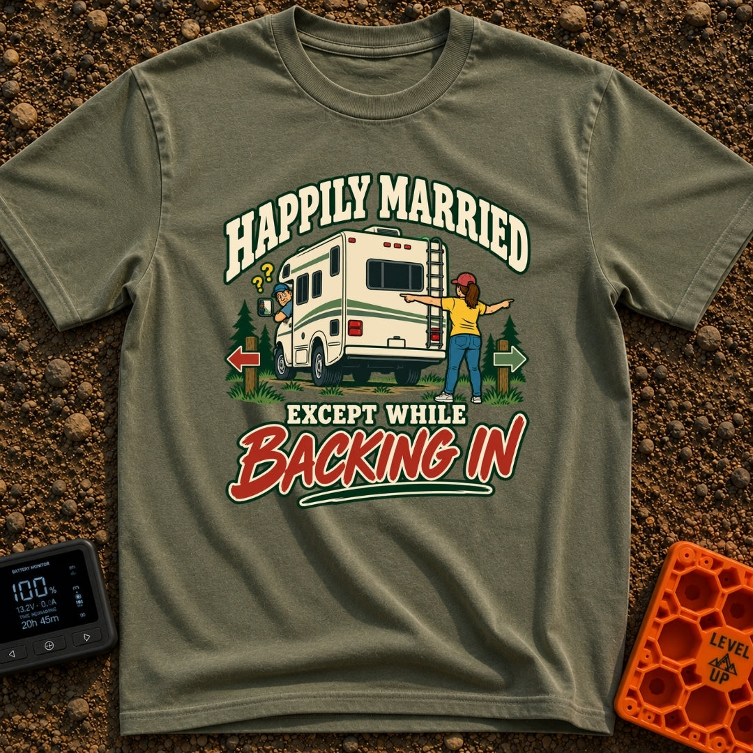 Happily Ever Hitched - T-Shirt in Moss - A cartoon illustration of a man looking confused out the driver's side window of...