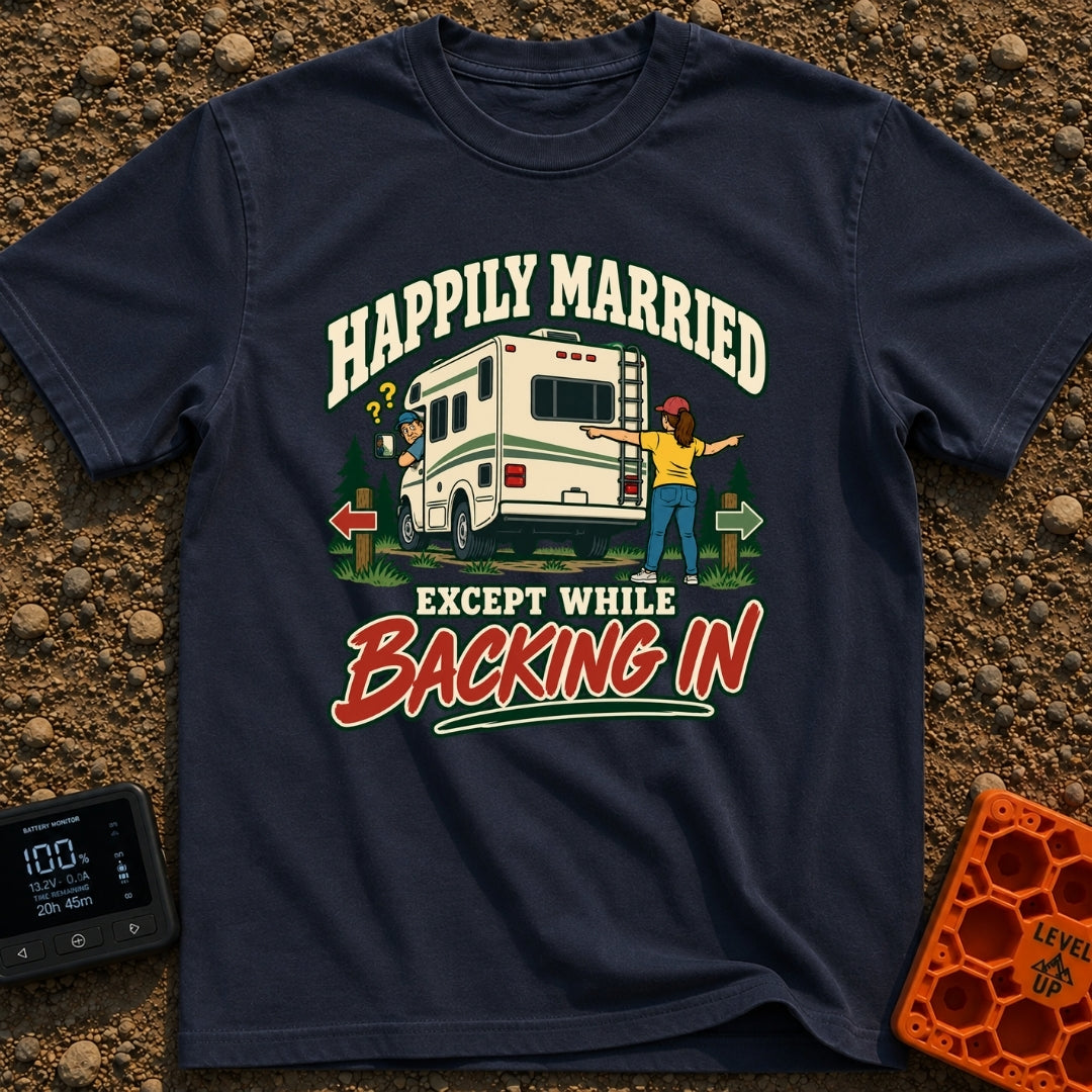 Happily Ever Hitched - T-Shirt in Navy - A cartoon illustration of a man looking confused out the driver's side window of...