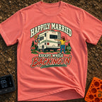 Happily Ever Hitched - T-Shirt in Watermelon - A cartoon illustration of a man looking confused out the driver's side...