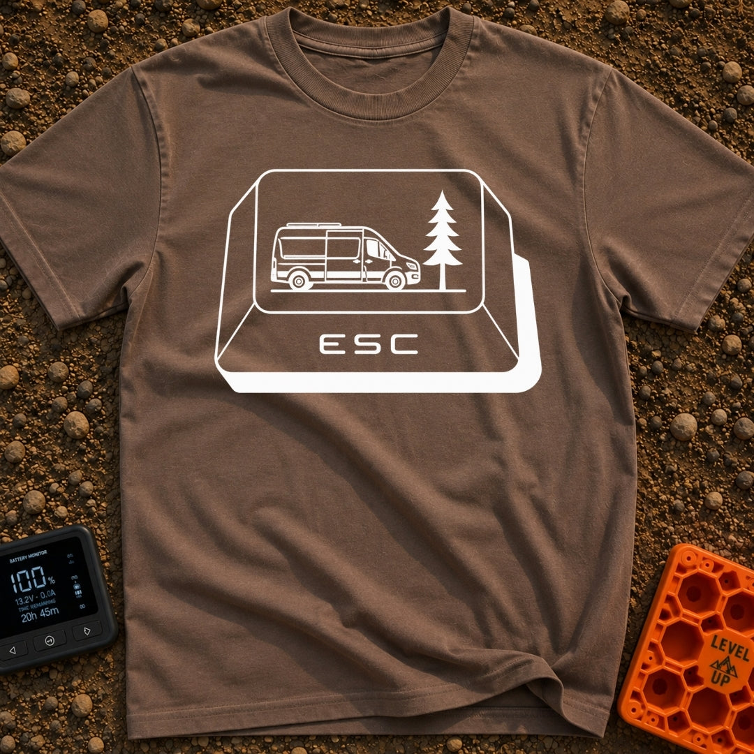 Ctrl Alt Escape - T-Shirt in Espresso - A black-and-white illustration of a large computer keyboard "ESC" key. The top...
