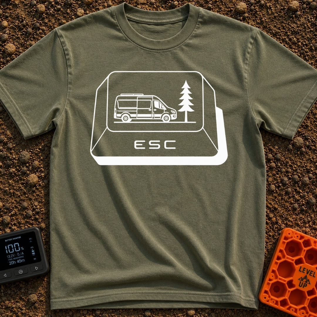 Ctrl Alt Escape - T-Shirt in Moss - A black-and-white illustration of a large computer keyboard "ESC" key. The top...