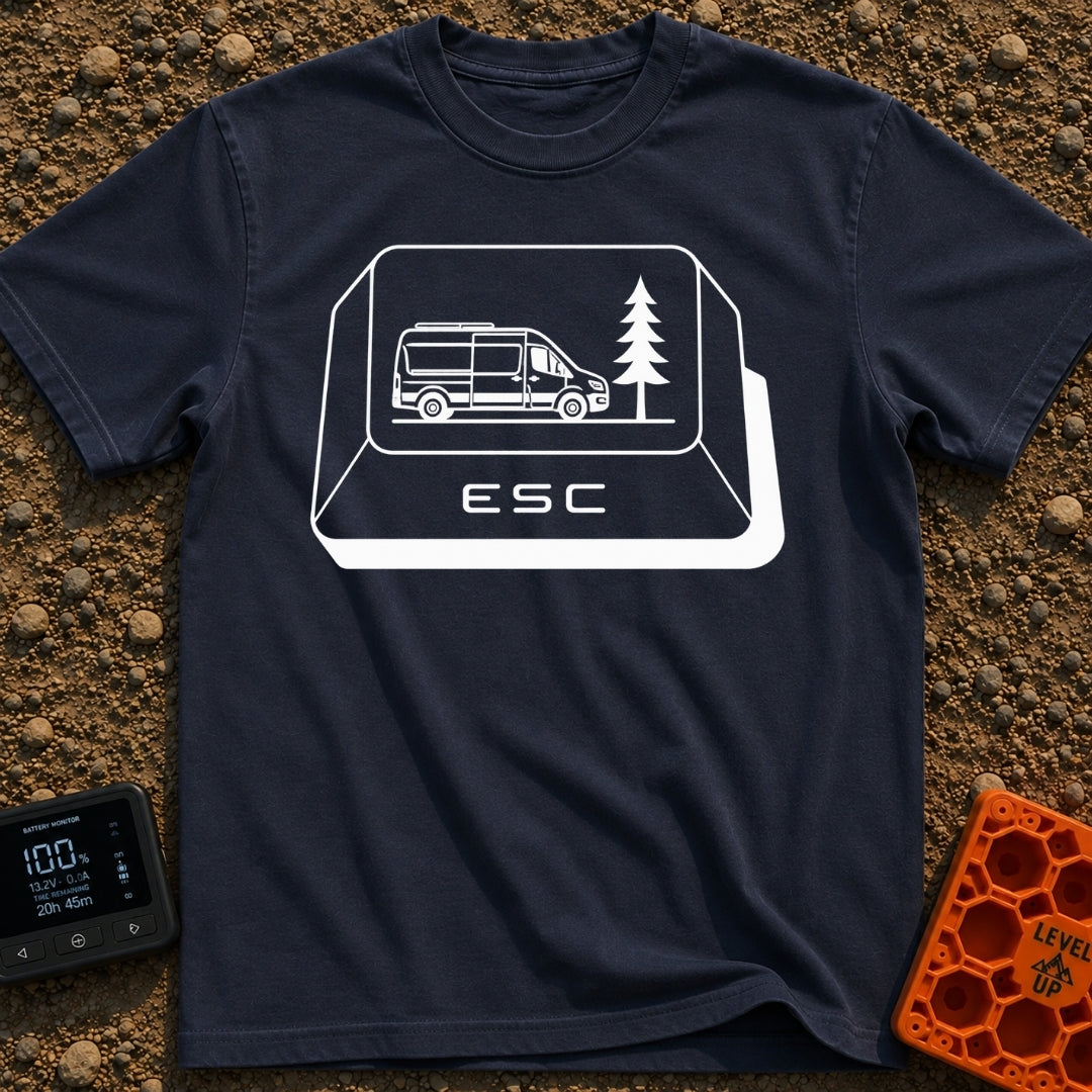 Ctrl Alt Escape - T-Shirt in Navy - A black-and-white illustration of a large computer keyboard "ESC" key. The top...