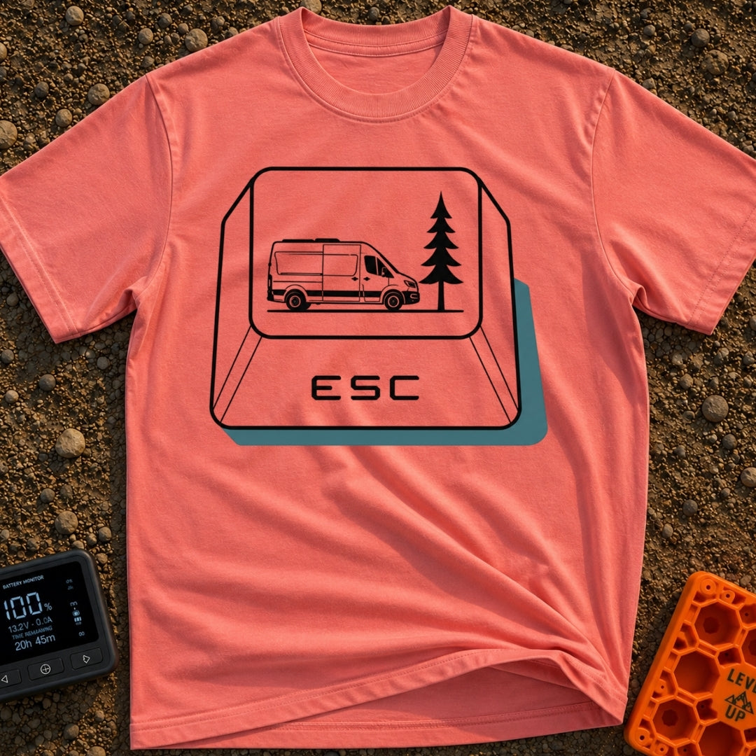Ctrl Alt Escape - T-Shirt in Watermelon - A black-and-white illustration of a large computer keyboard "ESC" key. The top...