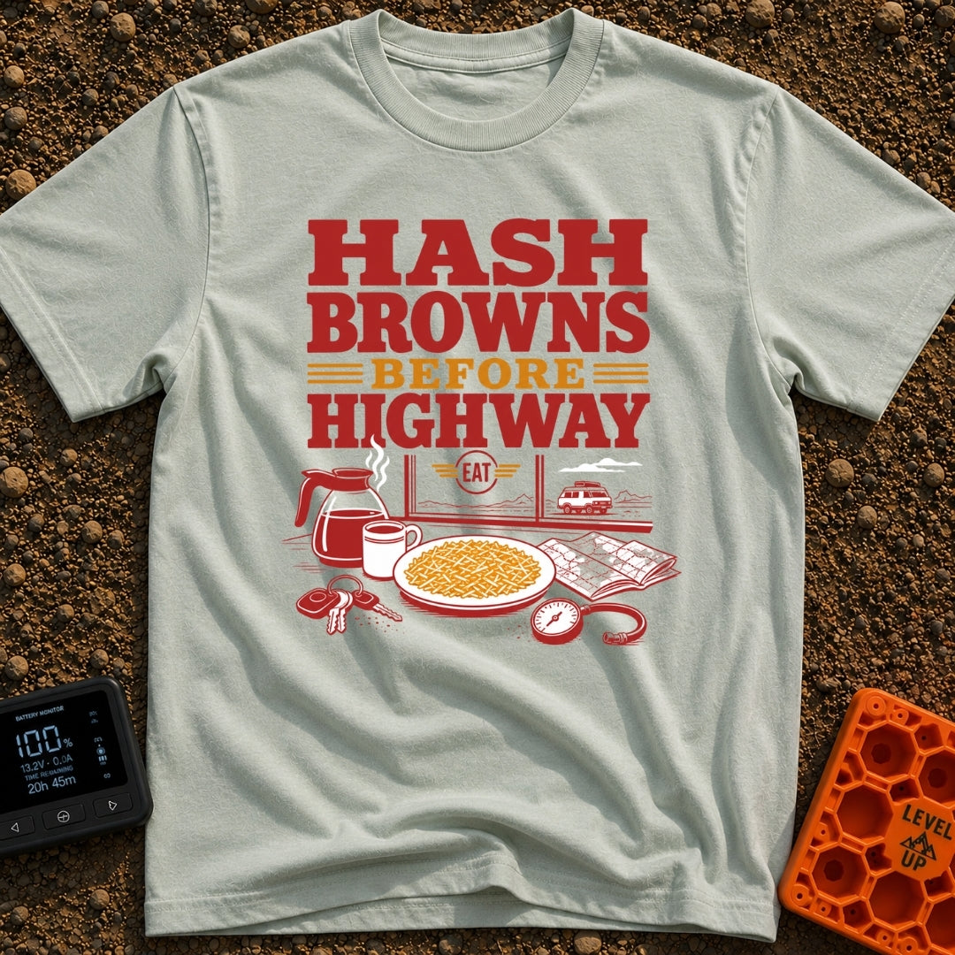 Hash Browns Before Highway - T-Shirt in Bay - A graphic with the text "HASH BROWNS BEFORE HIGHWAY" above an illustration...