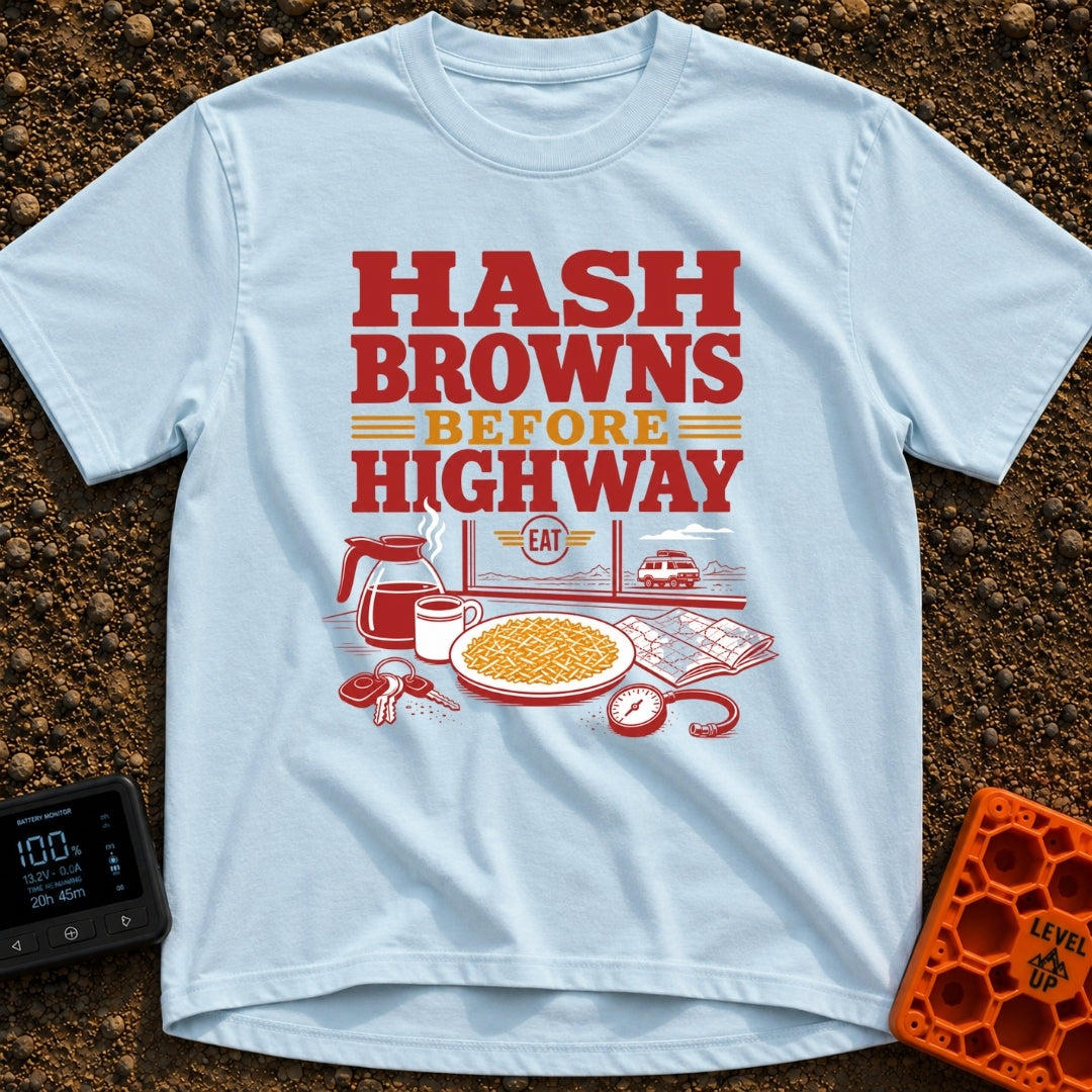 Hash Browns Before Highway - T-Shirt in Chambray - A graphic with the text "HASH BROWNS BEFORE HIGHWAY" above an...
