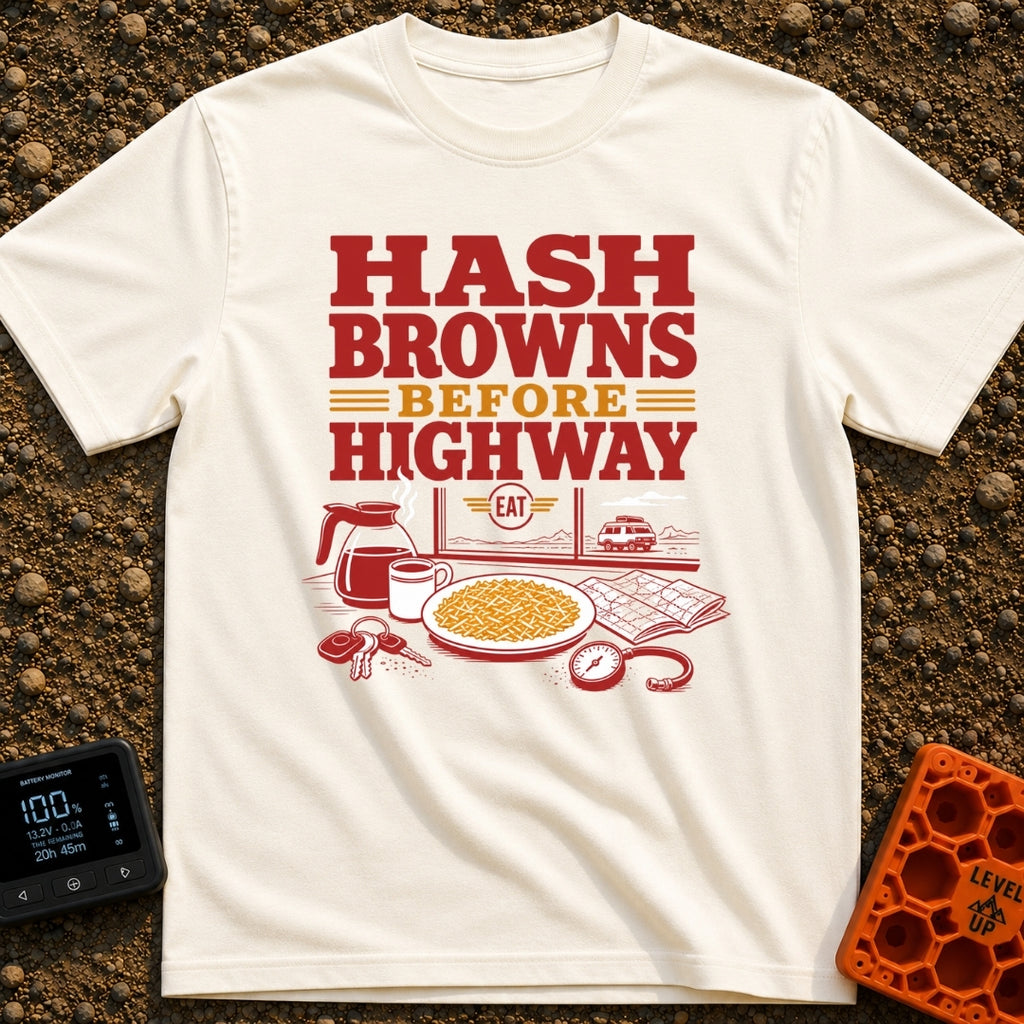 Hash Browns Before Highway - T-Shirt in Ivory - A graphic with the text "HASH BROWNS BEFORE HIGHWAY" above an...