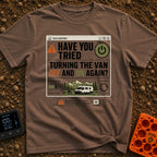 Off And On Again - T-Shirt in Espresso - A graphic styled like a vintage computer dialogue box titled 'TECH SUPPORT' with...