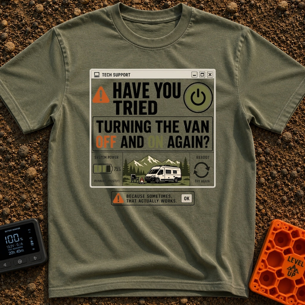 Off And On Again - T-Shirt in Moss - A graphic styled like a vintage computer dialogue box titled 'TECH SUPPORT' with a...
