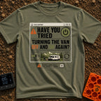 Off And On Again - T-Shirt in Moss - A graphic styled like a vintage computer dialogue box titled 'TECH SUPPORT' with a...