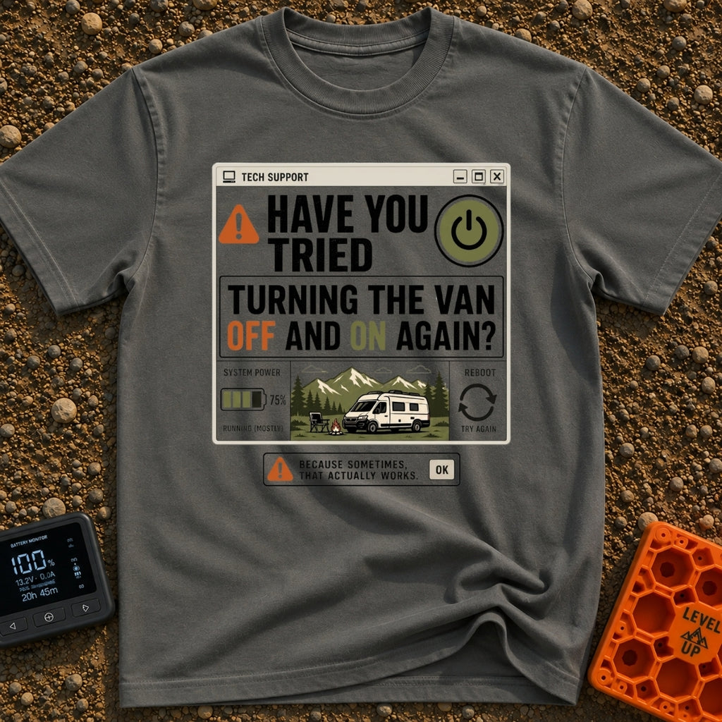 Off And On Again - T-Shirt in Pepper - A graphic styled like a vintage computer dialogue box titled 'TECH SUPPORT' with a...