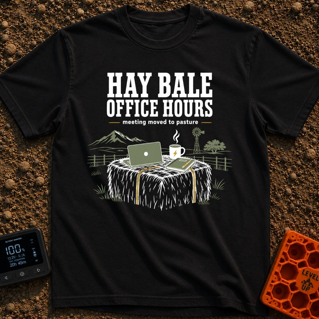Rural Coffee Break - T-Shirt in Black - A laptop, a steaming coffee mug with a lightning bolt, and a notebook with a pen...