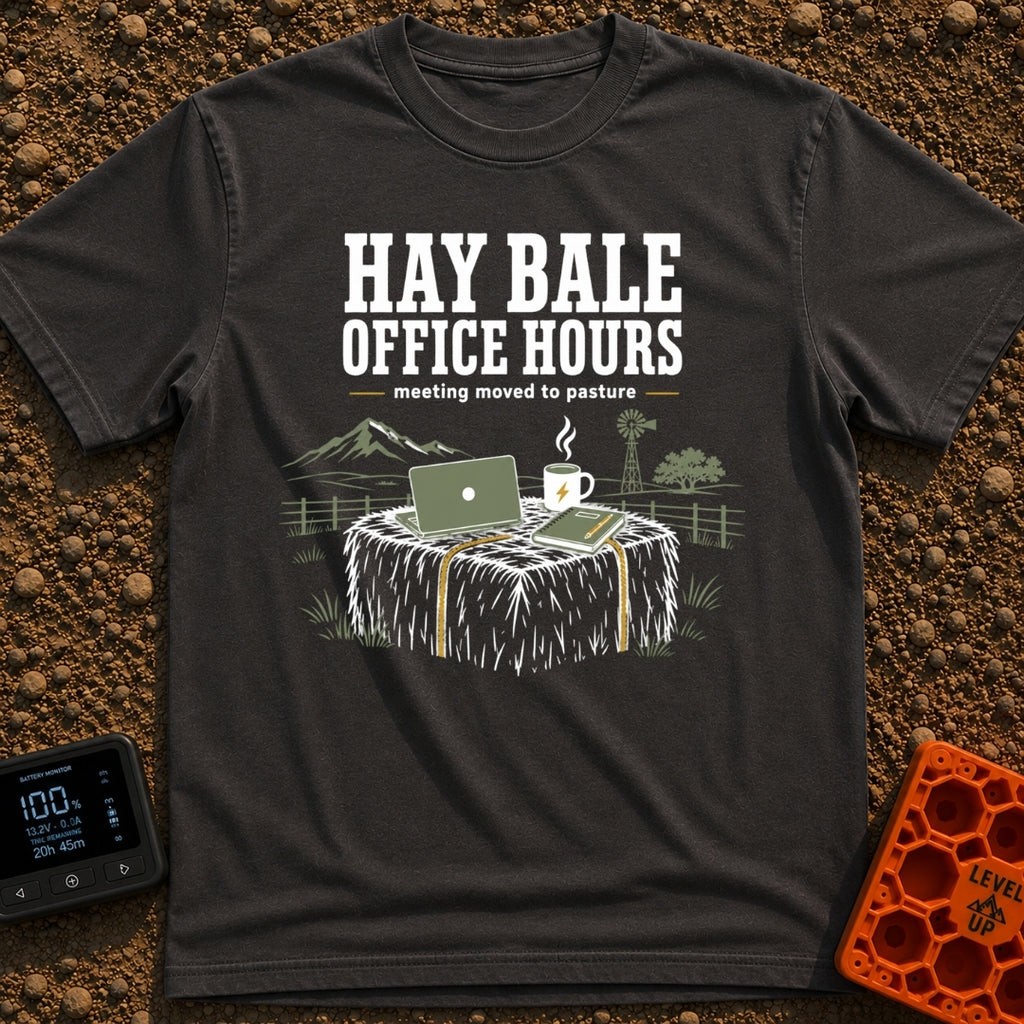 Rural Coffee Break - T-Shirt in Graphite - A laptop, a steaming coffee mug with a lightning bolt, and a notebook with a...