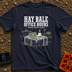 Rural Coffee Break - T-Shirt in Navy - A laptop, a steaming coffee mug with a lightning bolt, and a notebook with a pen...