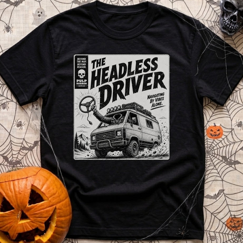Look Ma No Head - T-Shirt in Black - A vintage pulp-horror style illustration of a rugged 4x4 camper van driving off-road...
