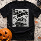 Look Ma No Head - T-Shirt in Black - A vintage pulp-horror style illustration of a rugged 4x4 camper van driving off-road...