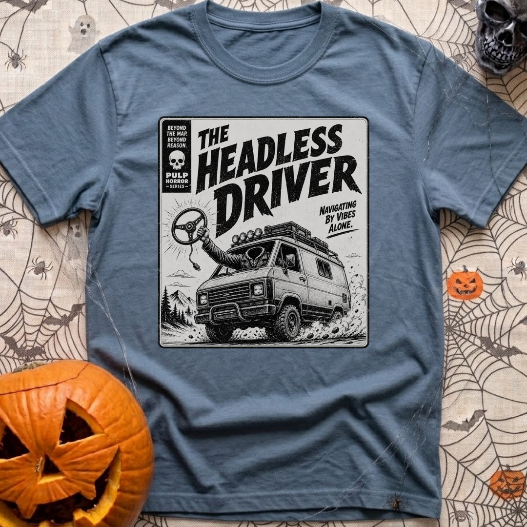 Look Ma No Head - T-Shirt in Blue Jean - A vintage pulp-horror style illustration of a rugged 4x4 camper van driving...