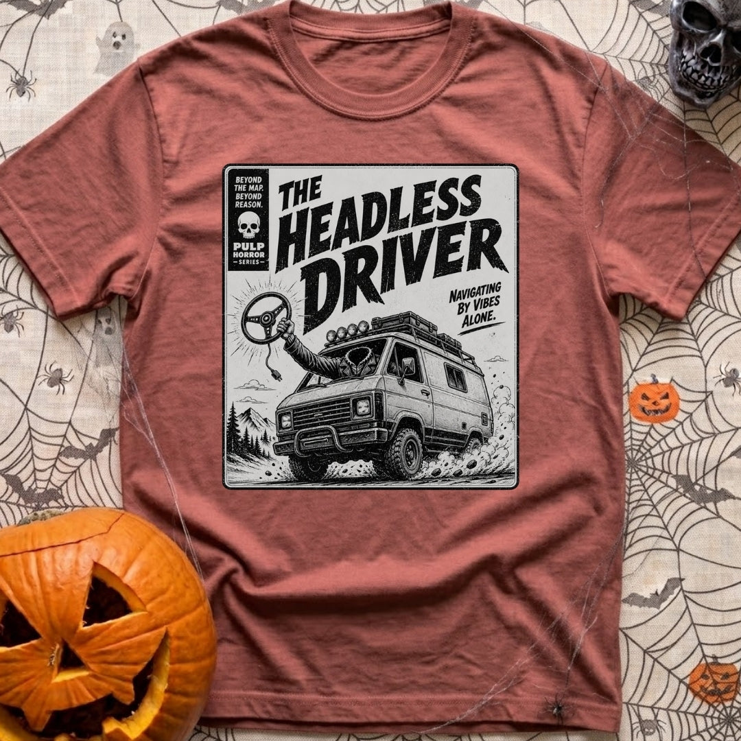 Look Ma No Head - T-Shirt in Brick - A vintage pulp-horror style illustration of a rugged 4x4 camper van driving off-road...