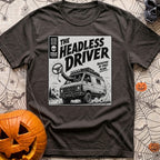 Look Ma No Head - T-Shirt in Graphite - A vintage pulp-horror style illustration of a rugged 4x4 camper van driving...