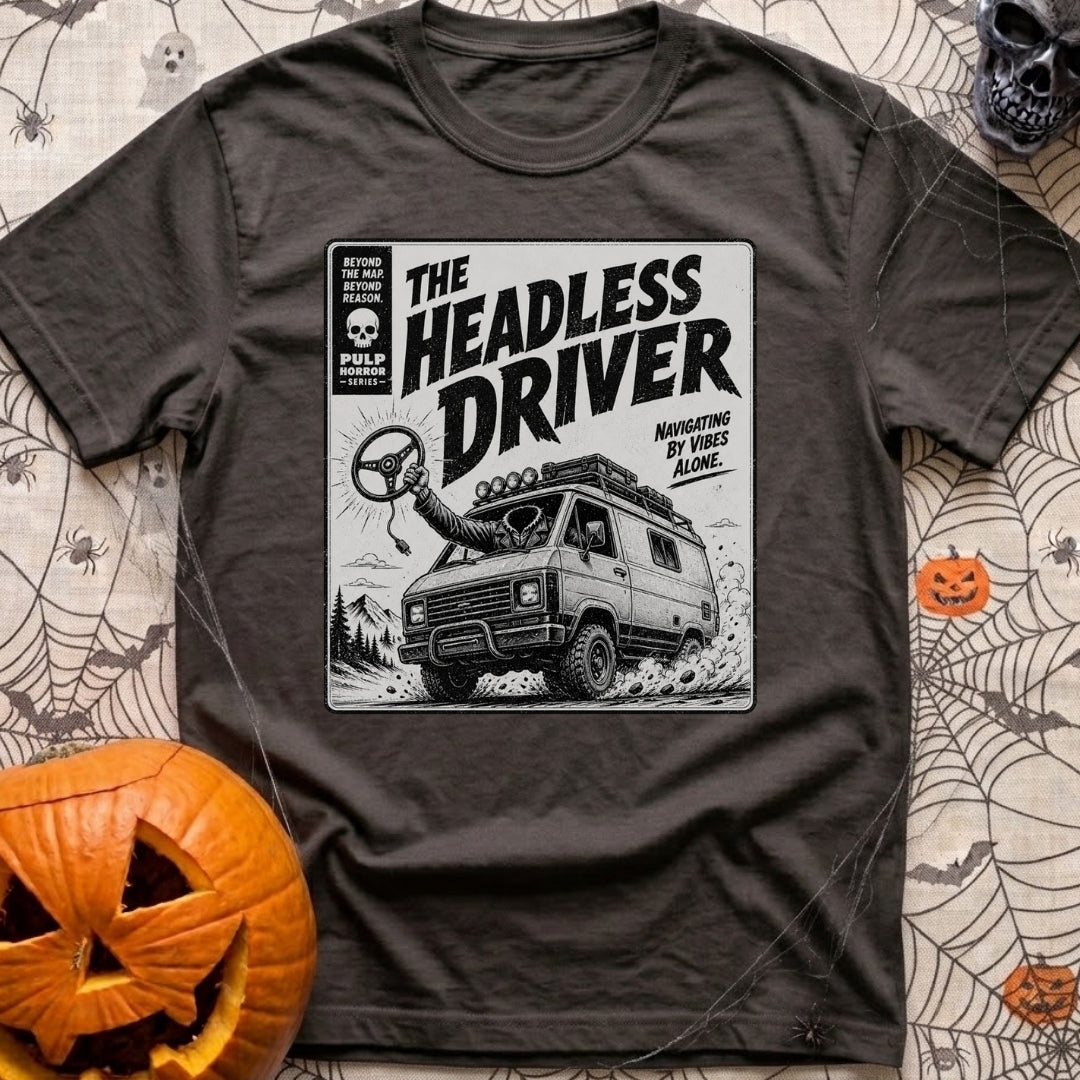 Look Ma No Head - T-Shirt in Graphite - A vintage pulp-horror style illustration of a rugged 4x4 camper van driving...
