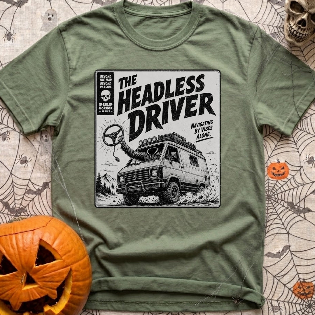 Look Ma No Head - T-Shirt in Moss - A vintage pulp-horror style illustration of a rugged 4x4 camper van driving off-road...