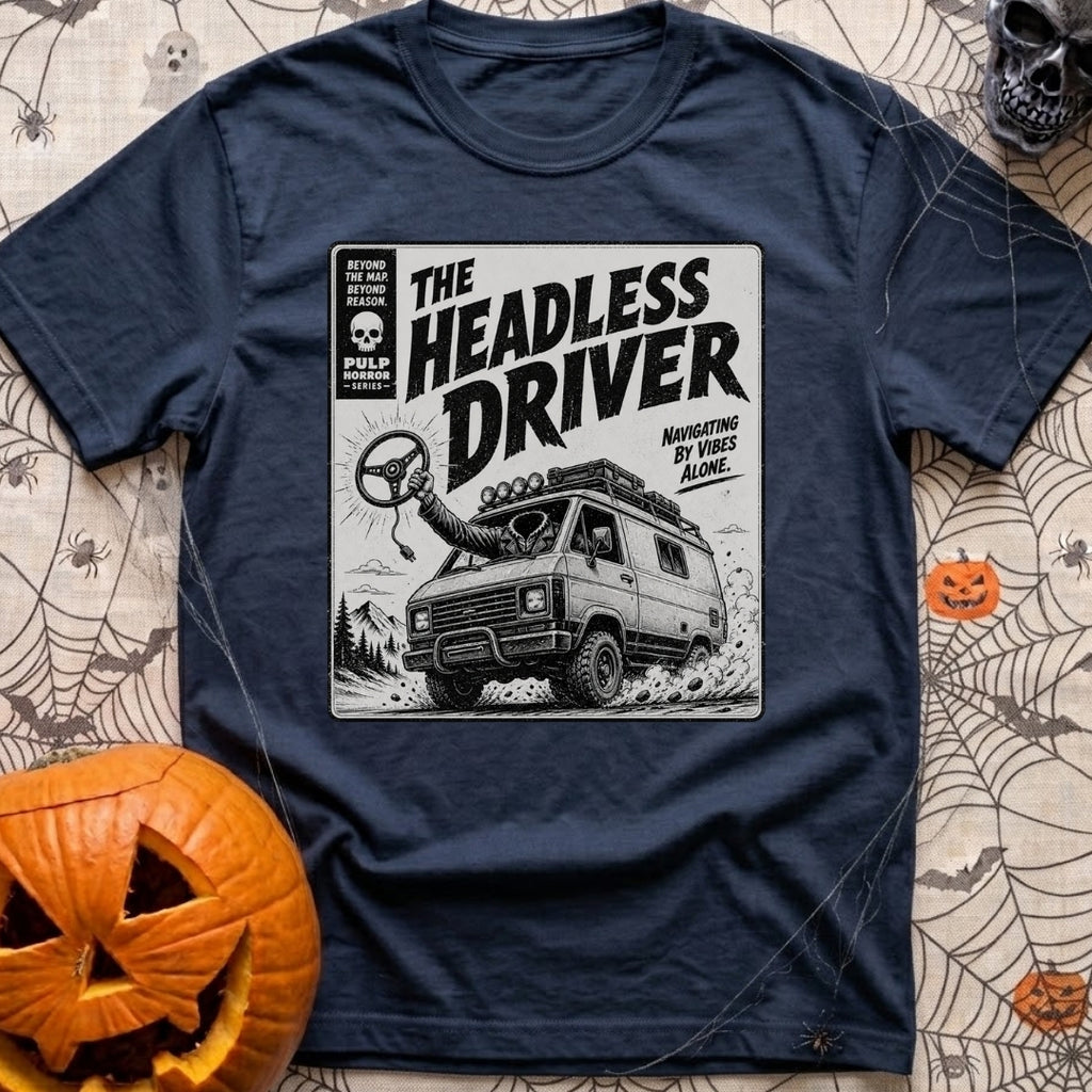Look Ma No Head - T-Shirt in Navy - A vintage pulp-horror style illustration of a rugged 4x4 camper van driving off-road...