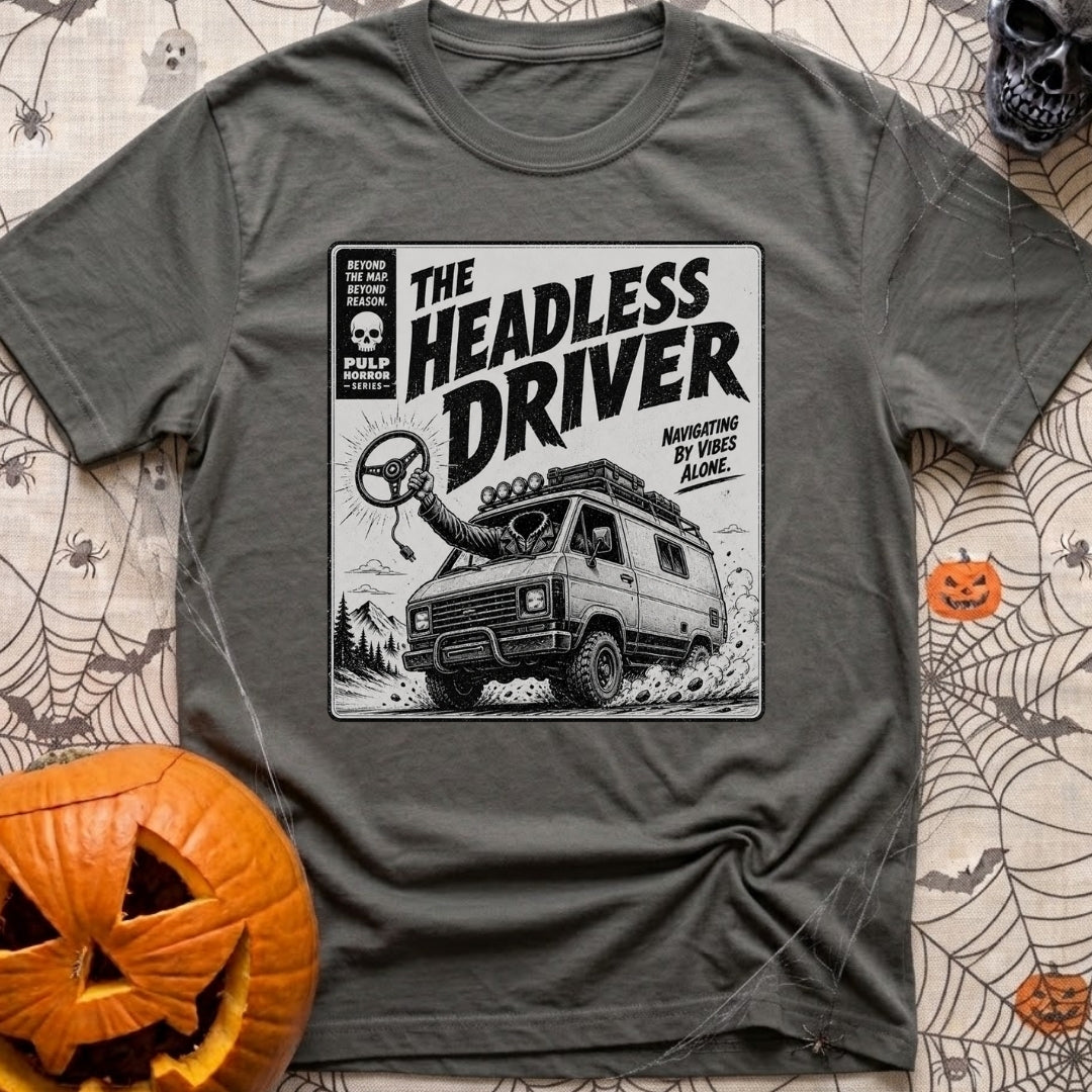 Look Ma No Head - T-Shirt in Pepper - A vintage pulp-horror style illustration of a rugged 4x4 camper van driving...