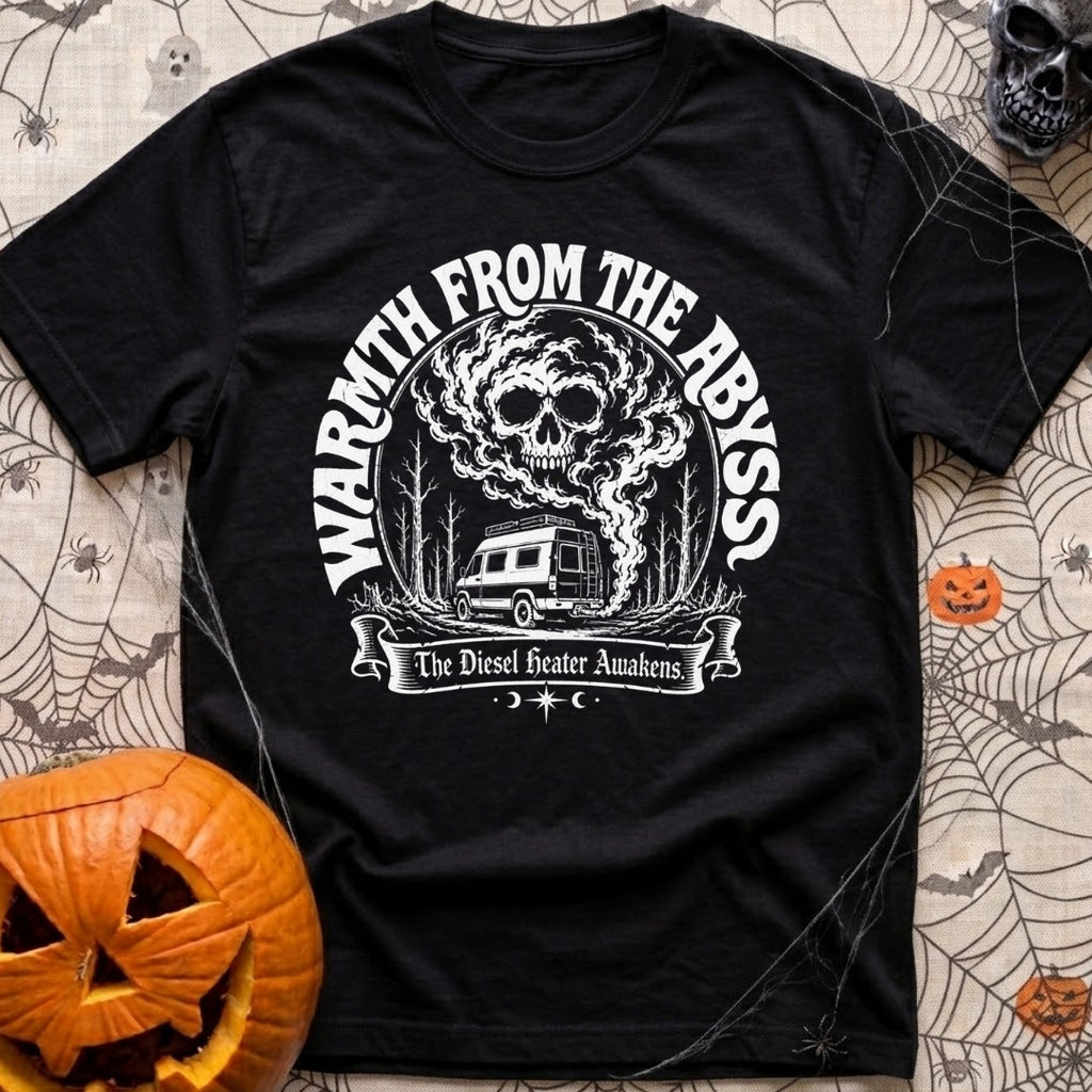 My Heater Has Demons - T-Shirt in Black - A black-and-white illustration of a camper van parked among bare trees, with...