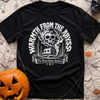 My Heater Has Demons - T-Shirt in Black - A black-and-white illustration of a camper van parked among bare trees, with...
