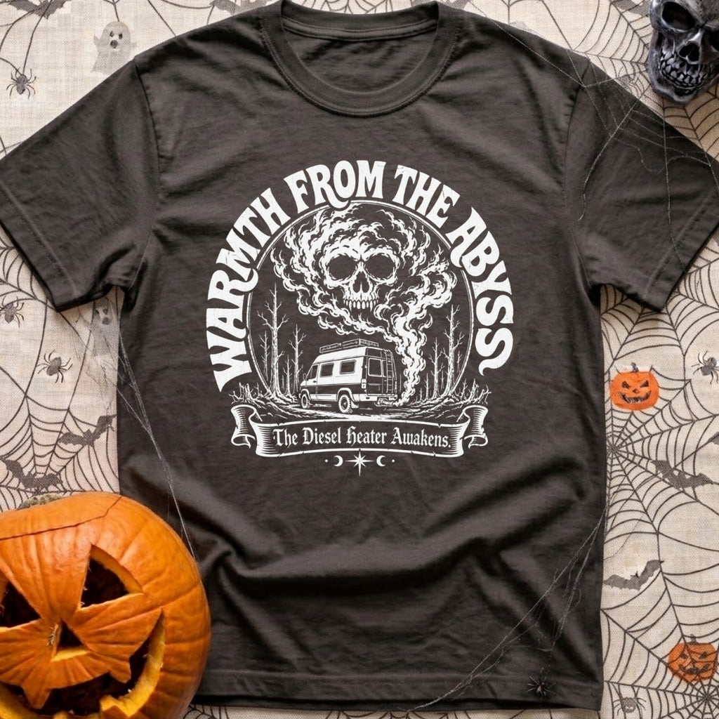 My Heater Has Demons - T-Shirt in Graphite - A black-and-white illustration of a camper van parked among bare trees, with...