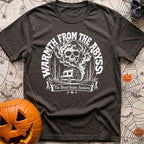 My Heater Has Demons - T-Shirt in Graphite - A black-and-white illustration of a camper van parked among bare trees, with...