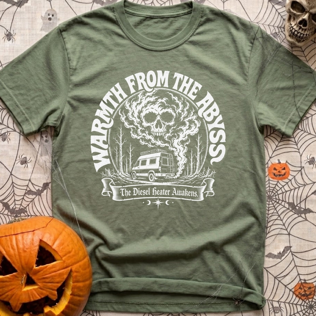 My Heater Has Demons - T-Shirt in Moss - A black-and-white illustration of a camper van parked among bare trees, with...