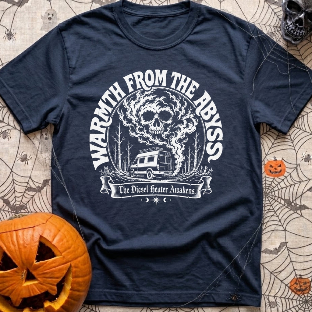My Heater Has Demons - T-Shirt in Navy - A black-and-white illustration of a camper van parked among bare trees, with...