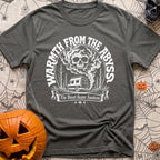 My Heater Has Demons - T-Shirt in Pepper - A black-and-white illustration of a camper van parked among bare trees, with...