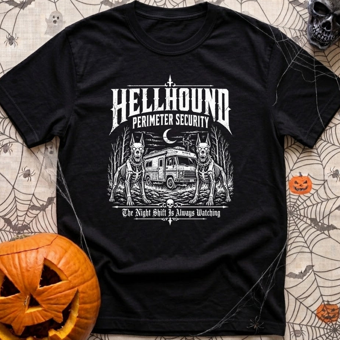 Under Hellhound Surveillance - T-Shirt in Black - Faint white line art depicting two skeletal, fierce-looking doberman...