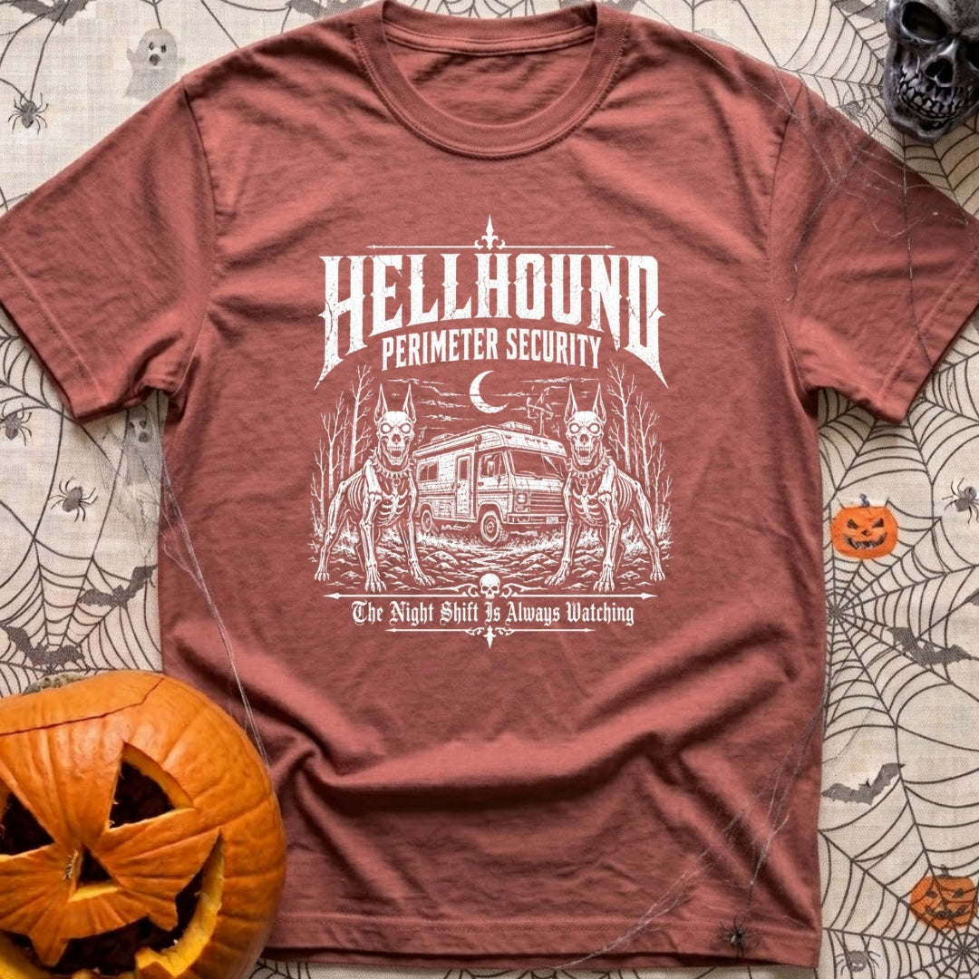 Under Hellhound Surveillance - T-Shirt in Brick - Faint white line art depicting two skeletal, fierce-looking doberman...