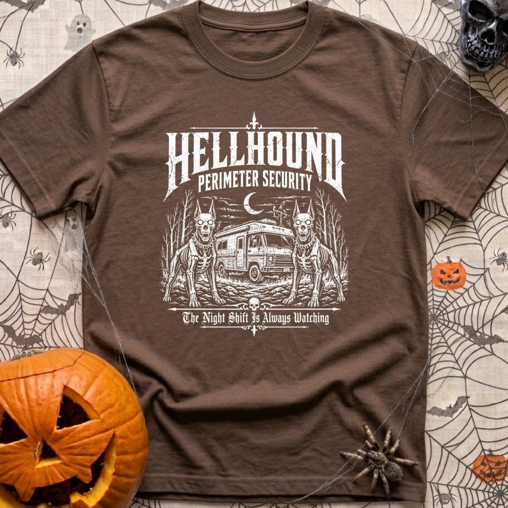 Under Hellhound Surveillance - T-Shirt in Espresso - Faint white line art depicting two skeletal, fierce-looking doberman...