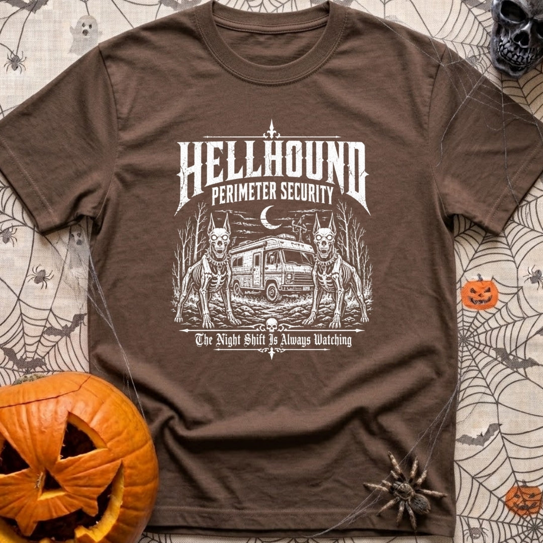 Under Hellhound Surveillance - T-Shirt in Espresso - Faint white line art depicting two skeletal, fierce-looking doberman...