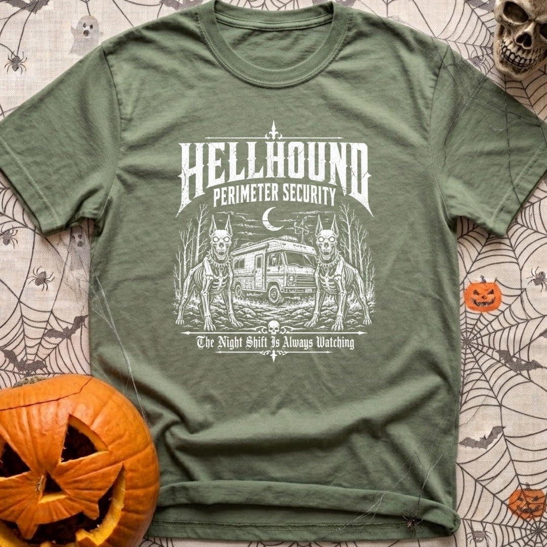 Under Hellhound Surveillance - T-Shirt in Moss - Faint white line art depicting two skeletal, fierce-looking doberman...