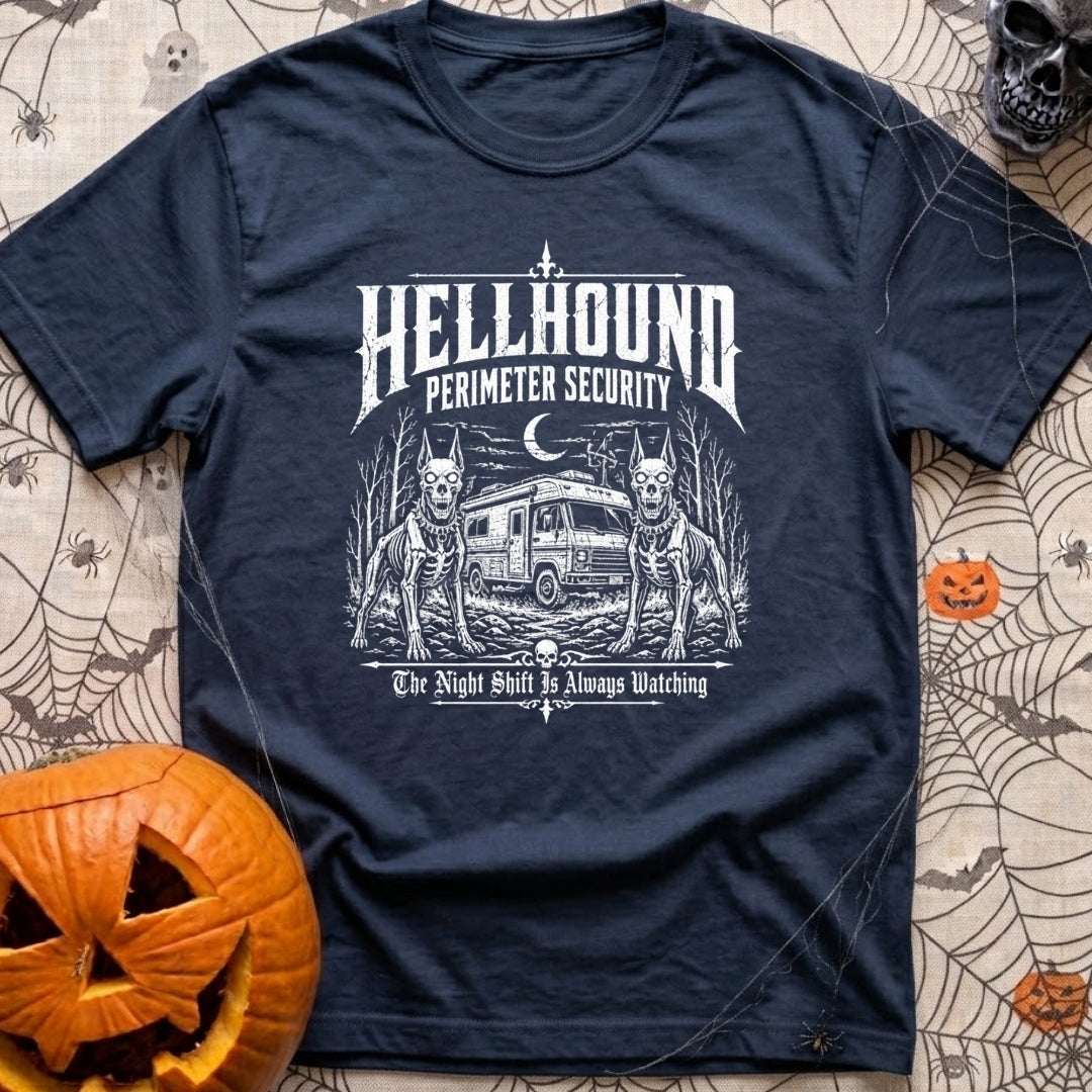 Under Hellhound Surveillance - T-Shirt in Navy - Faint white line art depicting two skeletal, fierce-looking doberman...