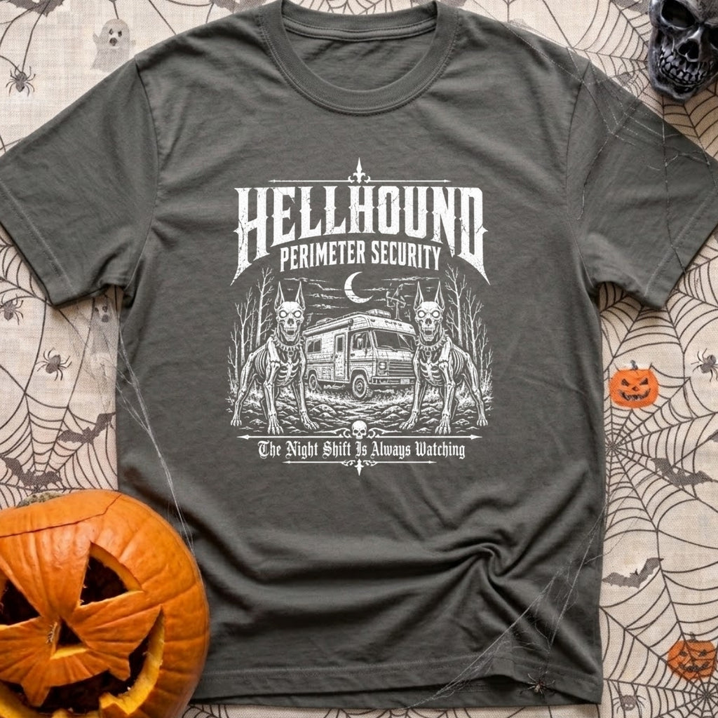 Under Hellhound Surveillance - T-Shirt in Pepper - Faint white line art depicting two skeletal, fierce-looking doberman...