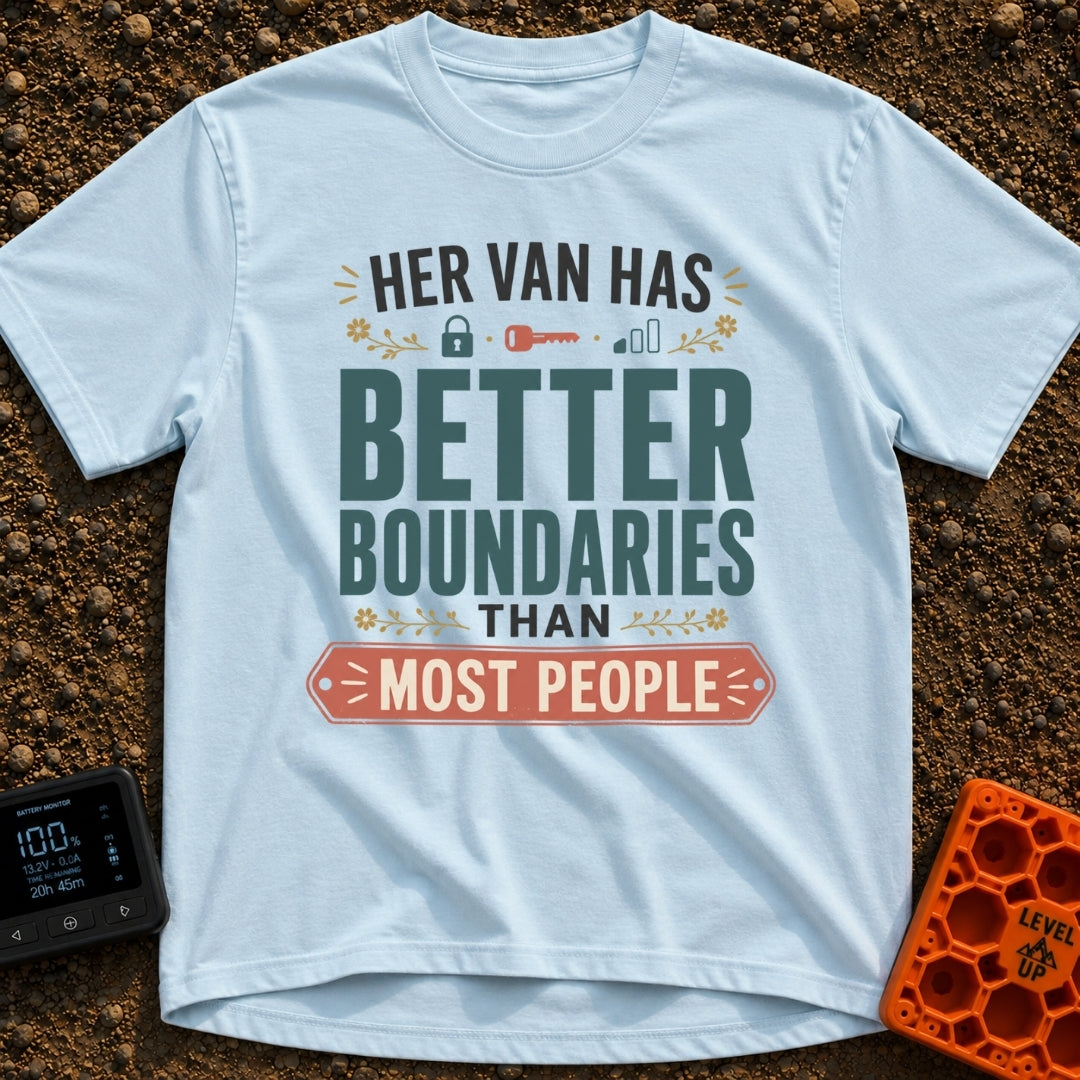 Mobile Fortress Mode - T-Shirt in Chambray - A typographic design displaying the phrase "HER VAN HAS BETTER BOUNDARIES...