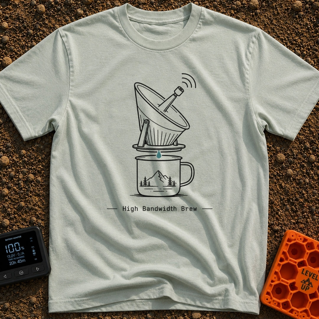 High Bandwidth Brew - T-Shirt in Bay - A line-art illustration of a pour-over coffee dripper designed to look like a...