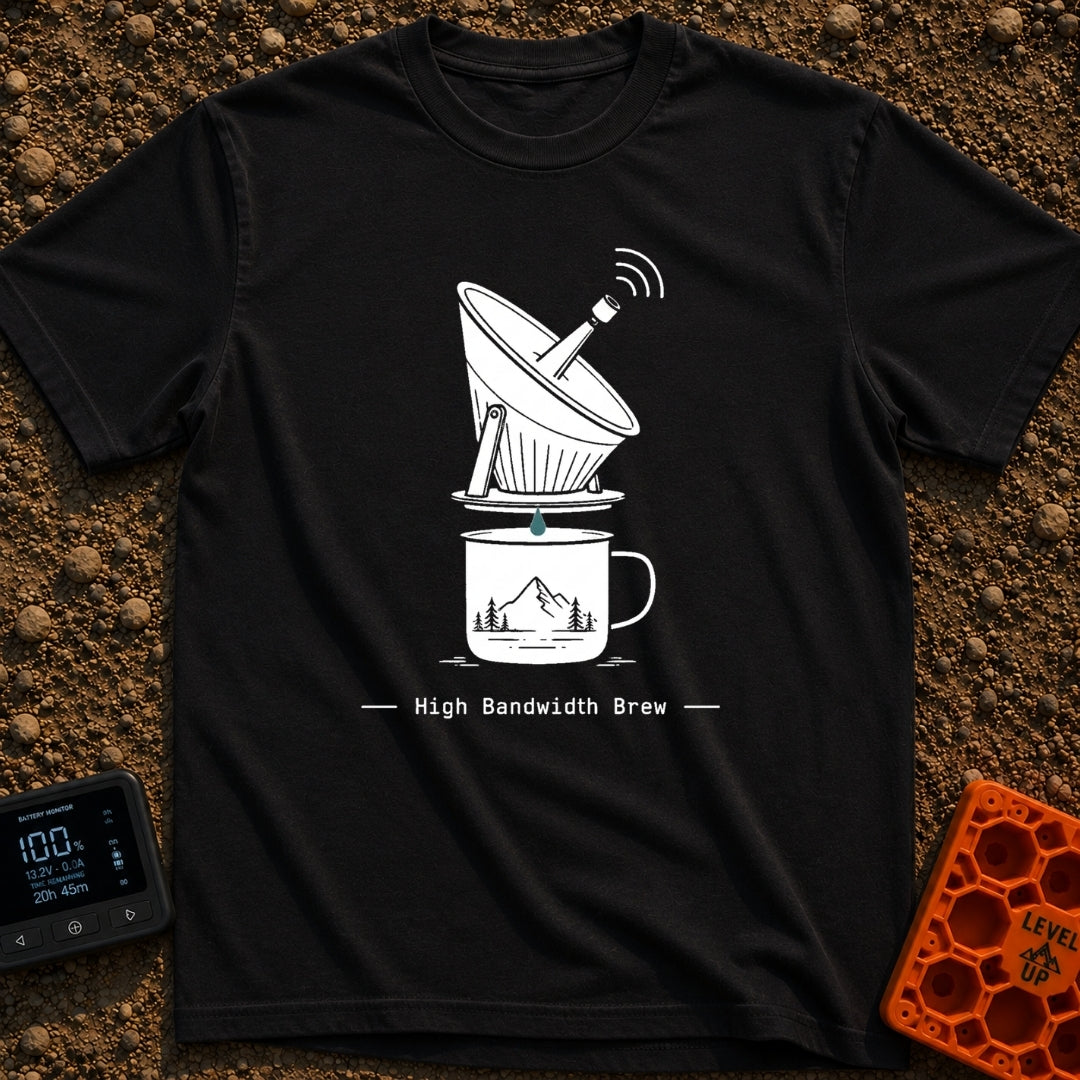High Bandwidth Brew - T-Shirt in Black - A line-art illustration of a pour-over coffee dripper designed to look like a...